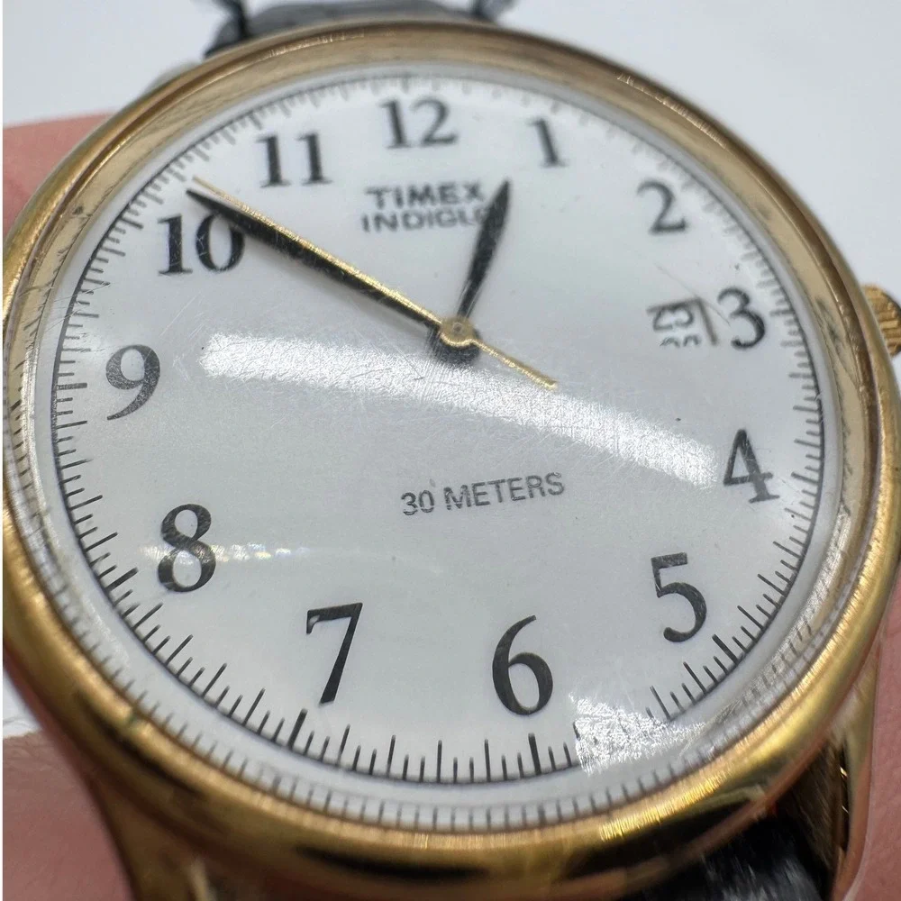 Timex Indiglo Easy Reader Gold Tone White Dial Black Leather Watch 30M T66